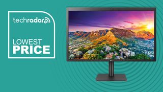An LG UltraFine 27MD5KLB-B 27-inch monitor against a teal background and a techradar lowest price badge