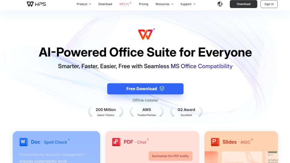 Website screenshot of WPS Office Free (August, 2025)