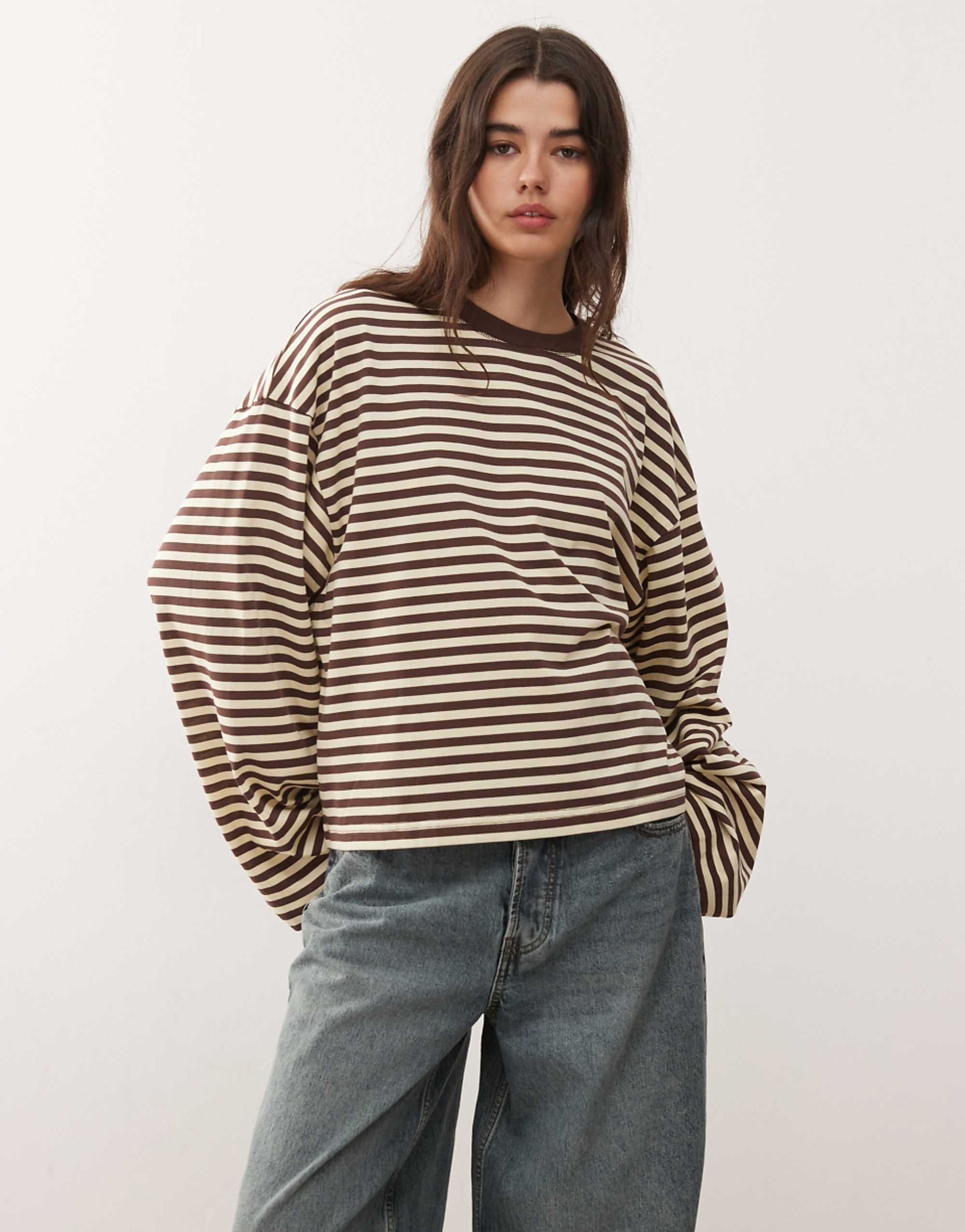 Lioness Bloom Cotton Blend Long Sleeve Crew Neck Boxy T-Shirt in Chocolate and Lemon Stripe