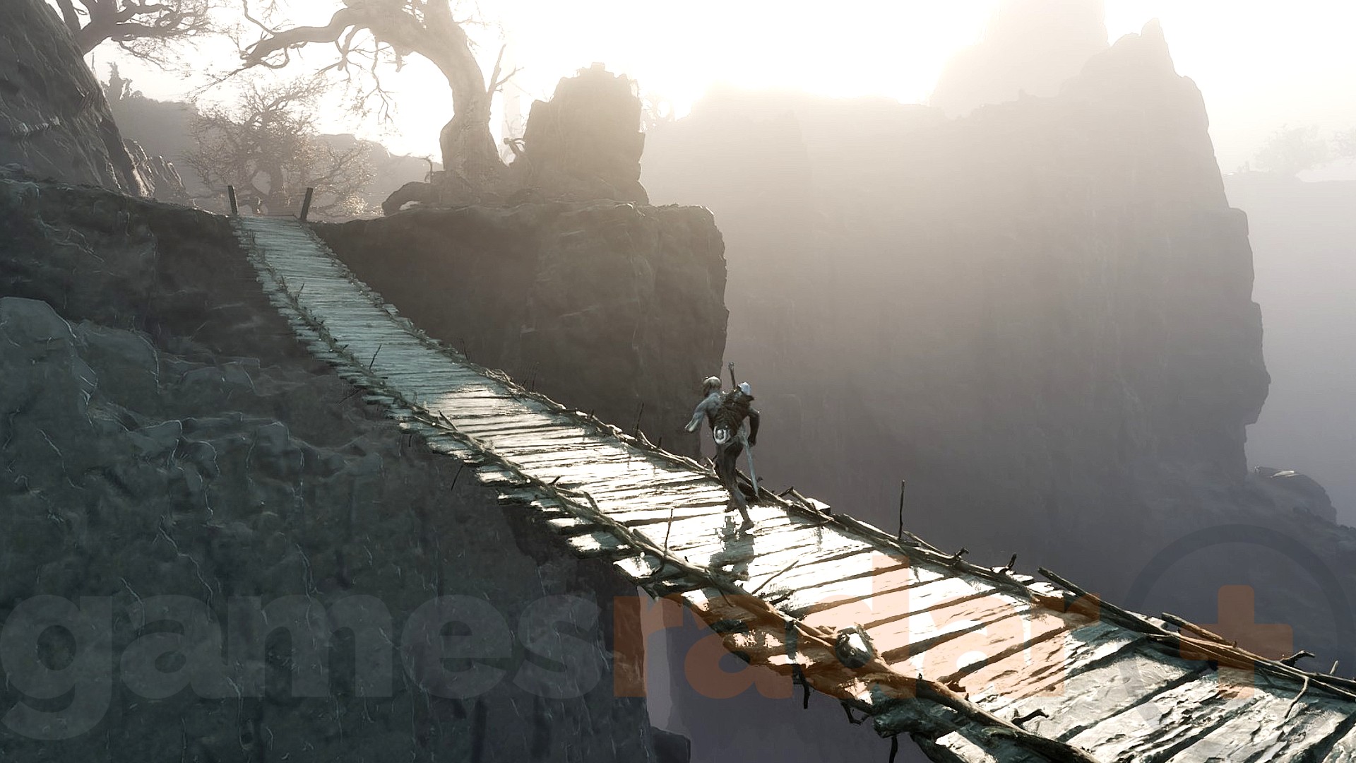 The Harbinger crosses a long rope bridge towards the Marrow Keep, where Mortal Shell 2 beta progress is saved.