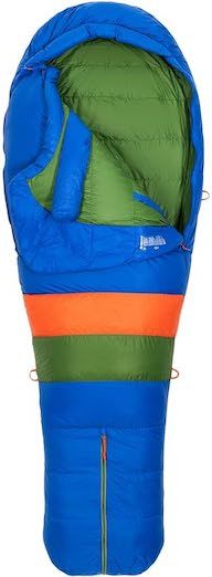 A blue Marmot Sawtooth 15° sleeping bag with green interior