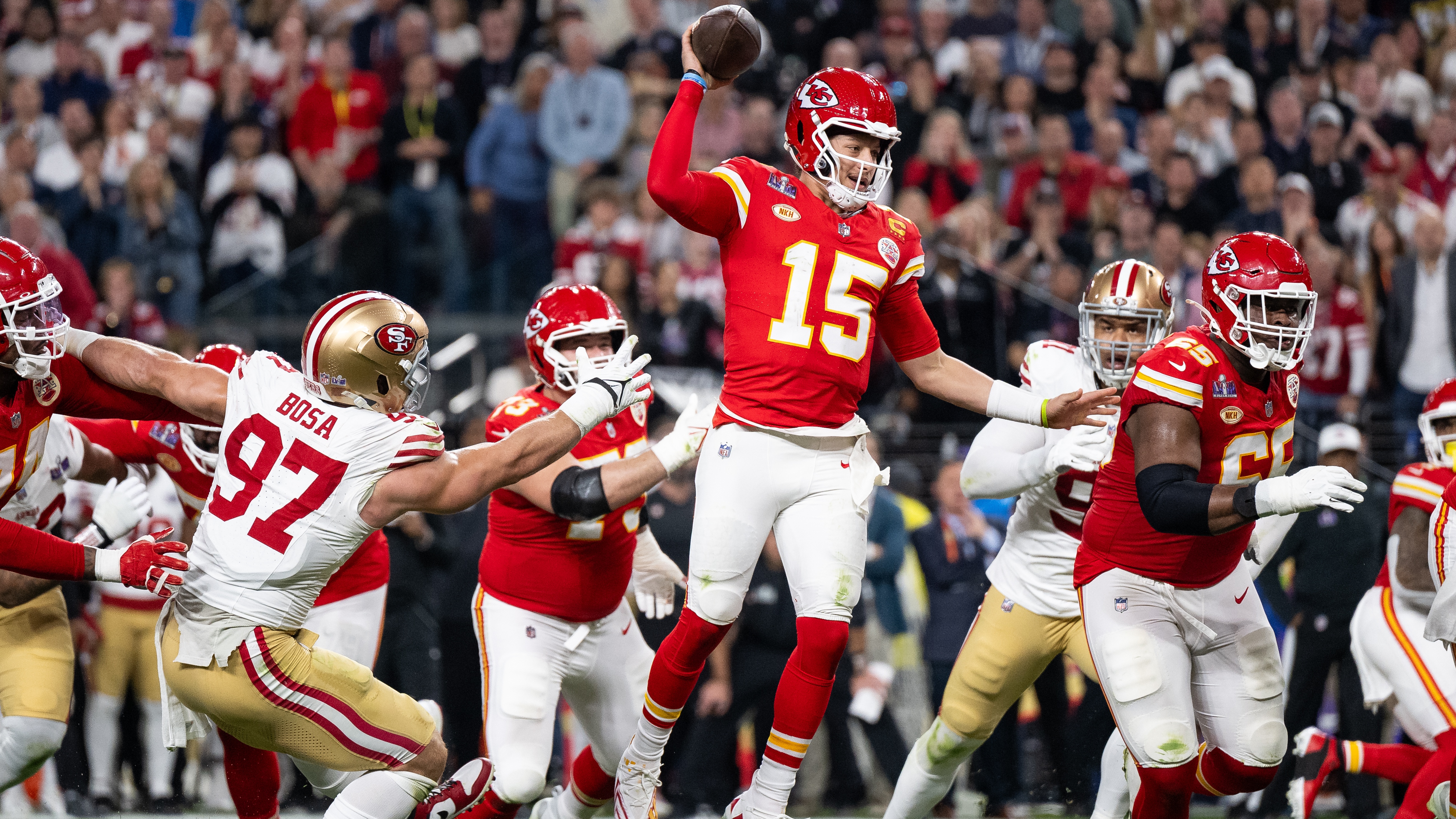 An action shot of Patrick Mahomes of the Kansas City Chiefs during the Super Bowl 2024