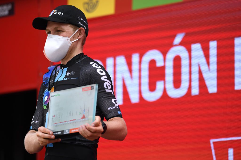 RINCON DE LA VICTORIA SPAIN AUGUST 24 Michael Storer of Australia and Team DSM celebrates at podium as stage winner during the 76th Tour of Spain 2021 Stage 10 a 189km stage from Roquetas de Mar to Rincn de la Victoria lavuelta LaVuelta21 on August 24 2021 in Rincon De La Victoria Spain Photo by Tim de WaeleGetty Images