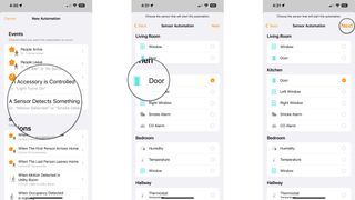 How to create an accessory automation in the Home app on the iPhone by showing steps: Tap A Sensor Detects Something, Tap an Accessory, Tap Next.