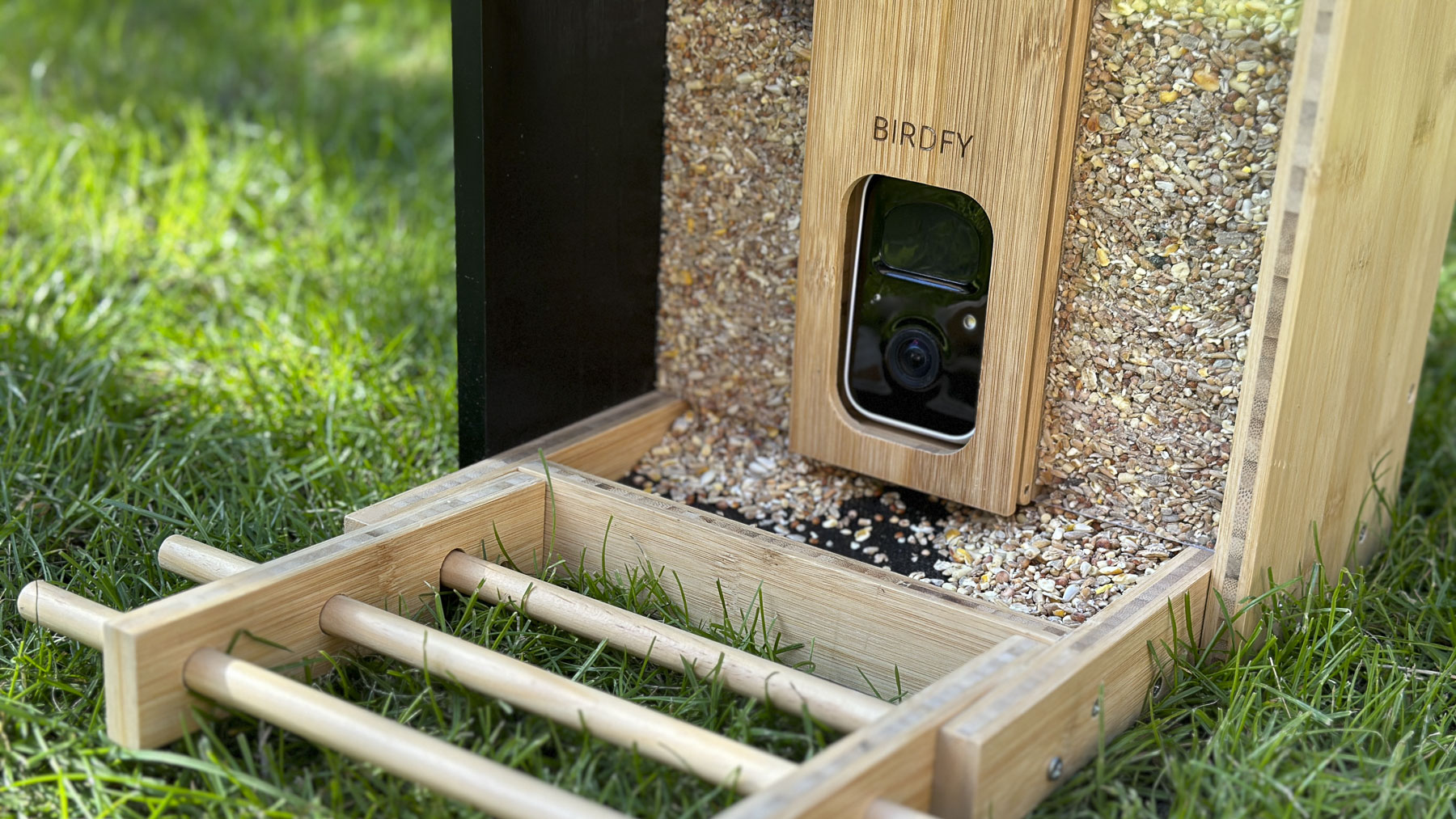 Netvue Birdfy Bamboo bird feeder camera outside on the grass closeup of the seed tray