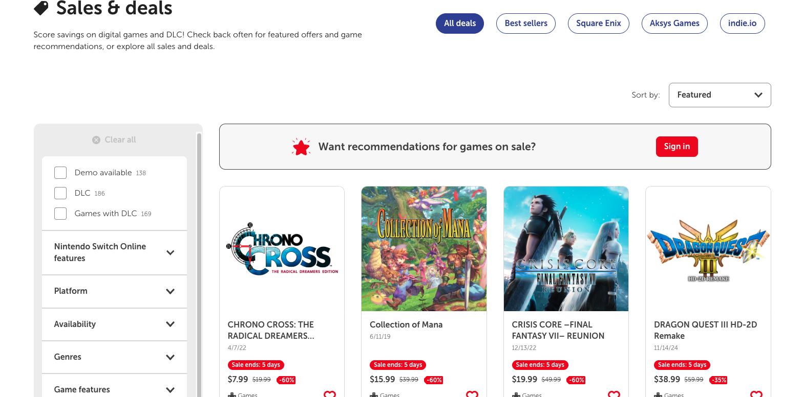Nintendo Switch deals page with games on offer