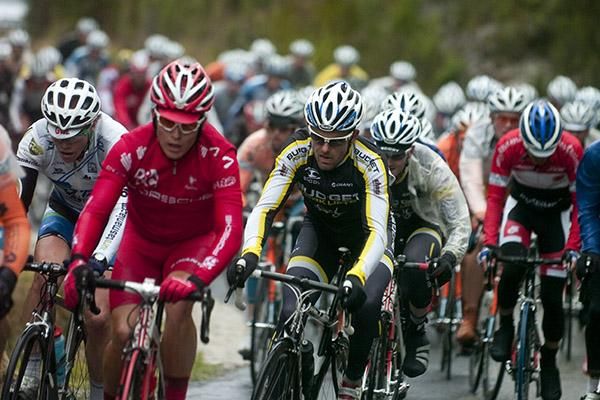 Riders make their way towards the mining town of Zeehan on stage four of the 2010 Caterpillar Mining Underground Tour of Tasmania.
