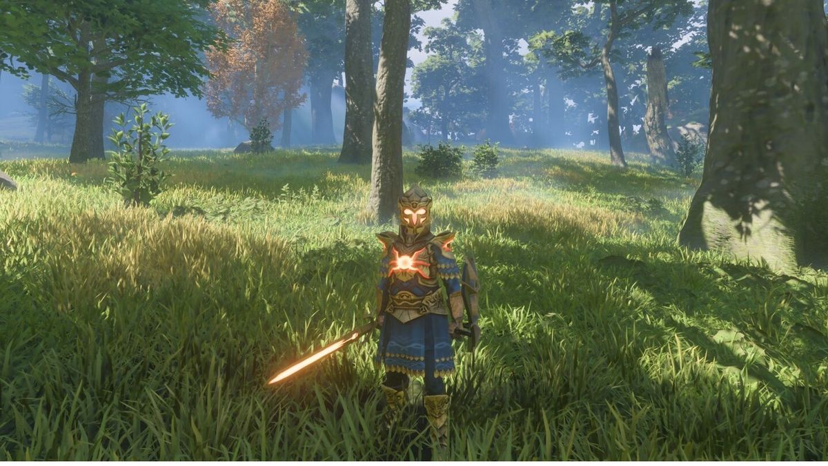 A player standing in the forest of Enshrouded