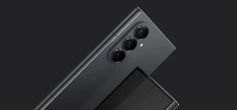 A leaked rendering of what is purported to be the upcoming Samsung Galaxy Z Fold 7 showing the front display and camera bump set against a black background.