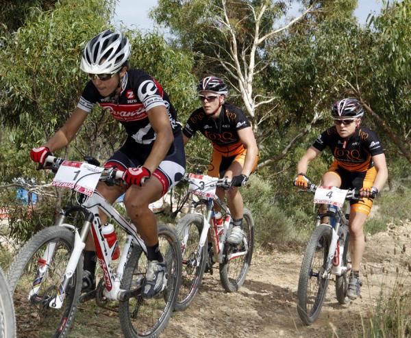 Eventual winner Katherine O'Shea (centre) bides her time behind Rowena Fry.
