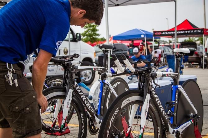 UnitedHealthcare team mechanic Adrian Heddermen checks over todays race winning bike