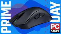 An image of a Razer DeathAdder V3 Pro gaming mouse against a stylized blue background, with Prime Day and a PC Gamer logo on the sides