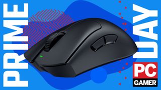 An image of a Razer DeathAdder V3 Pro gaming mouse against a stylized blue background, with Prime Day and a PC Gamer logo on the sides