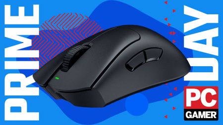 An image of a Razer DeathAdder V3 Pro gaming mouse against a stylized blue background, with Prime Day and a PC Gamer logo on the sides