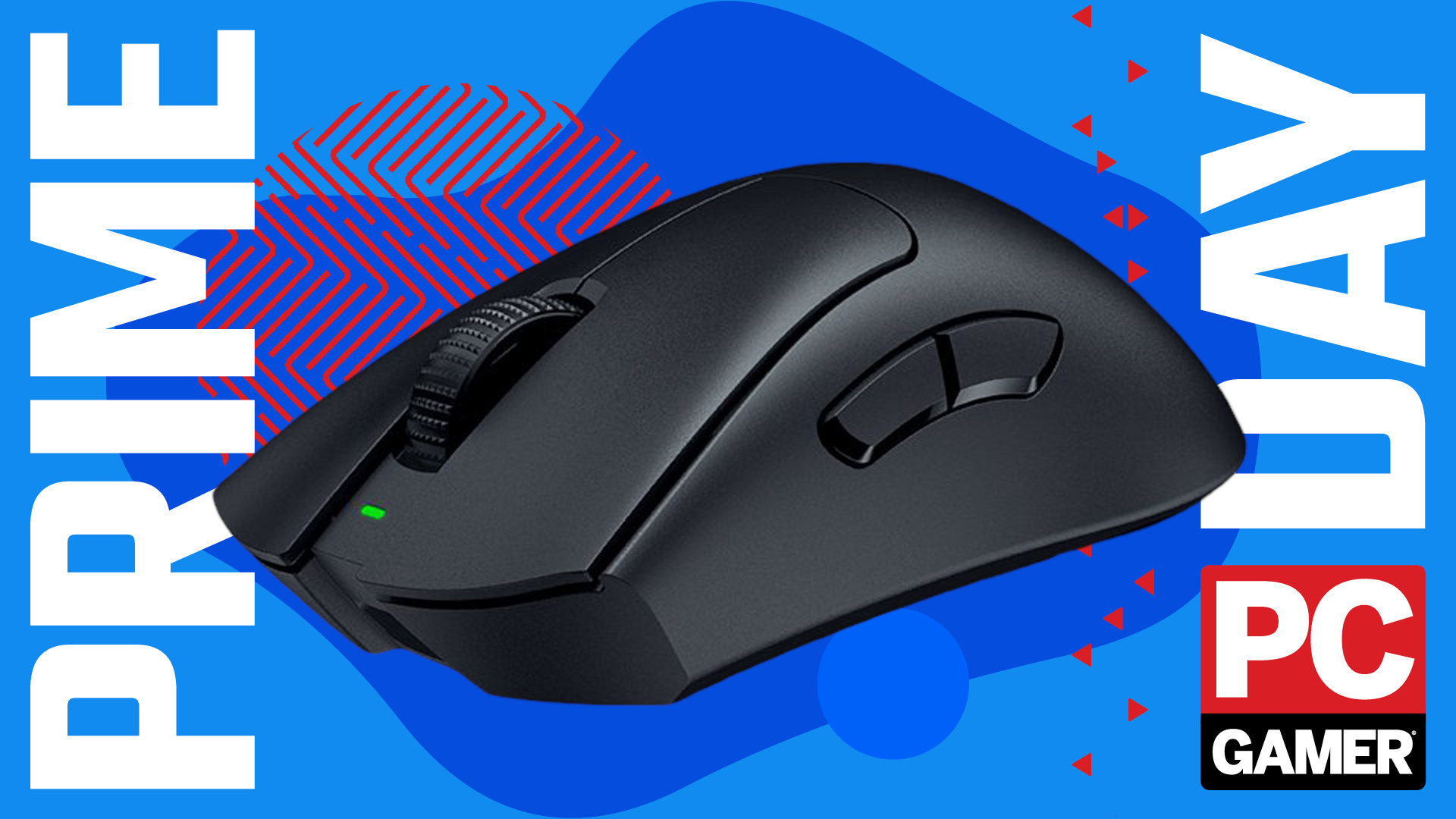 An image of a Razer DeathAdder V3 Pro gaming mouse against a stylized blue background, with Prime Day and a PC Gamer logo on the sides