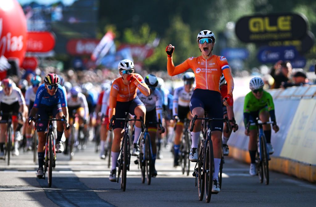HASSELT BELGIUM SEPTEMBER 13 Sofie Van Rooijen of Team Netherlands celebrates at finish line as gold medal winner during the 30th UEC Road Cycling European Championships 2024 Womens U23 Road Race a 1014km one day race from HeusdenZolder to Hasselt UCIWWT on September 13 2024 in Hasselt Belgium Photo by Luc ClaessenGetty Images