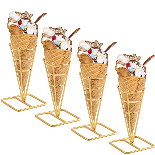 Blbyho Single Metal Gold Ice Cream Cone Holder Stand, Individua Waffle Cone Holder Sushi Hand Roll Stand for Standard Size Ice Cream Cones Appetizer Charcuterie Cones, Sugar Cones, Sushi (4 Pack)