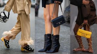 boho style shoes on three women, including clogs, cowboy boots and gladiator sandals