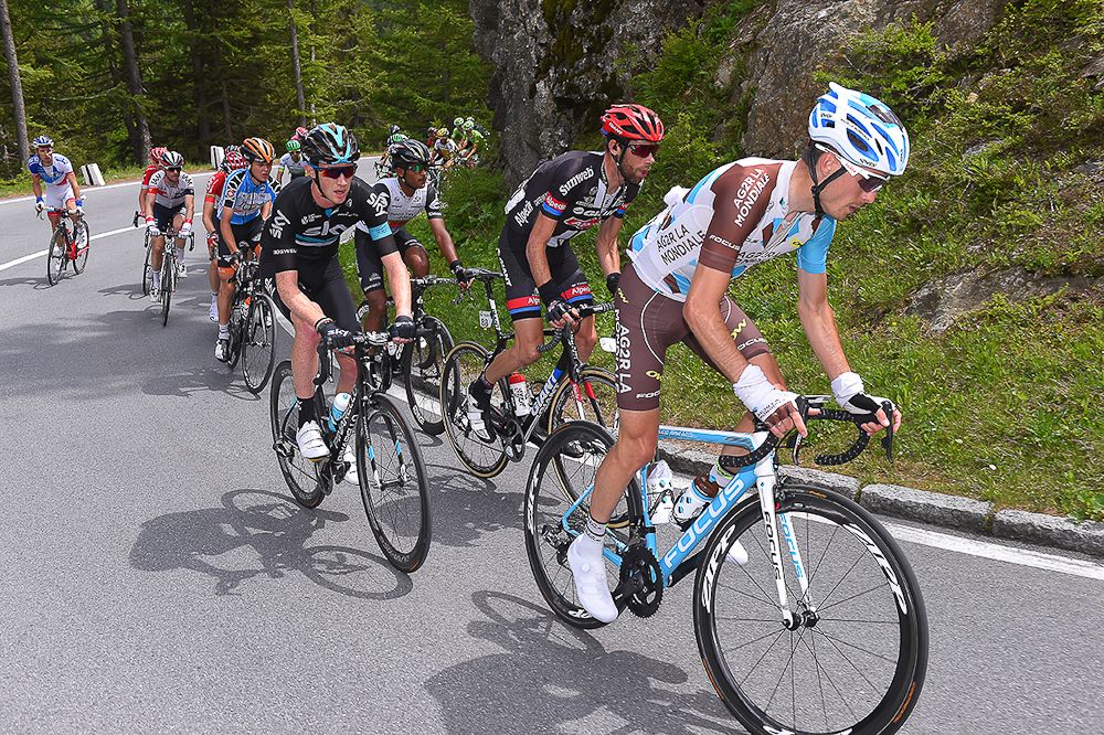 Hubert Dupont, Laurens ten Dam and Ian Boswell during stage 5 at the Tour de Suisse