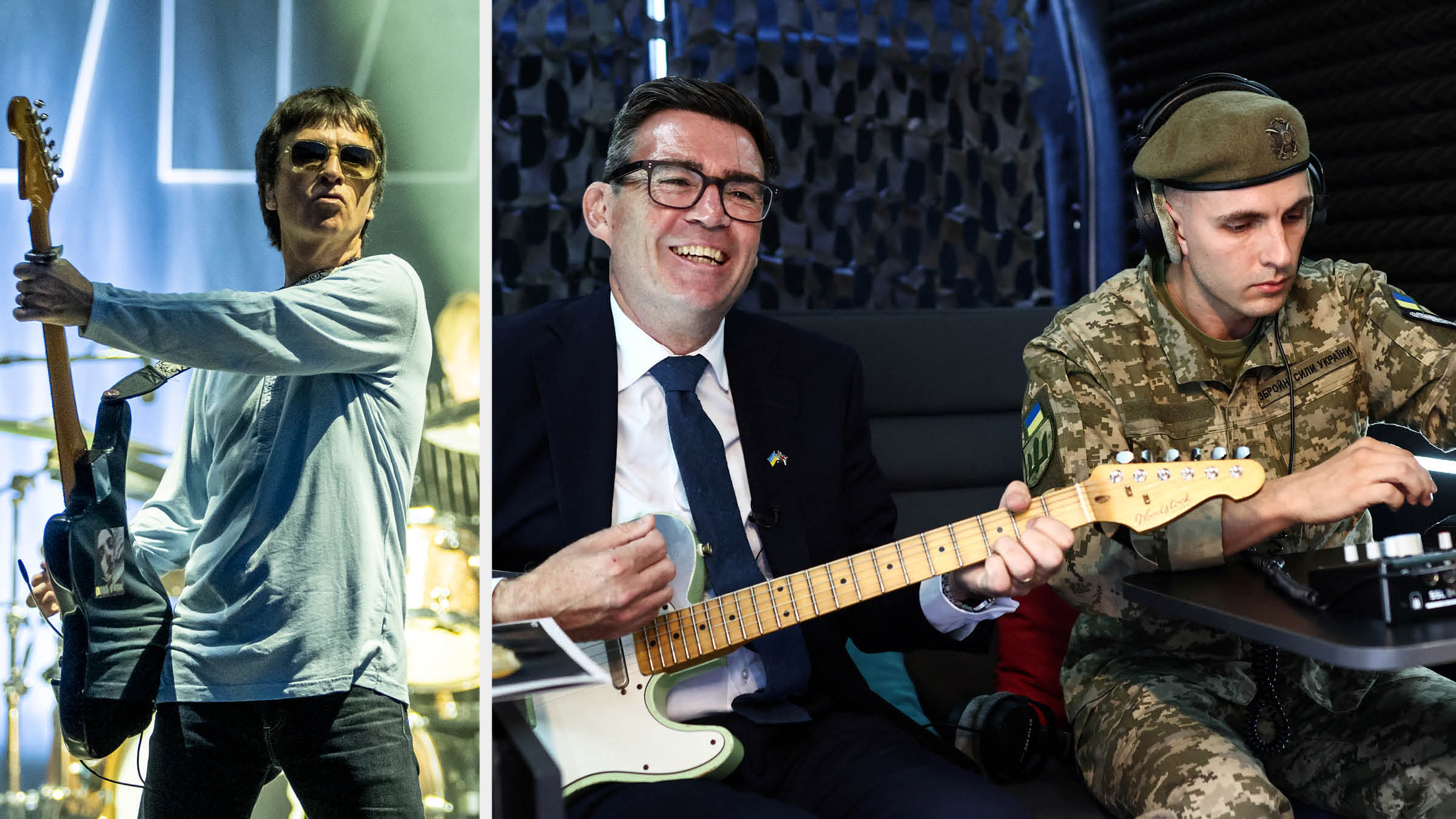 Johnny Marr [left] and Andy Burnham [right] playing some Smiths for a Ukrainian soldier