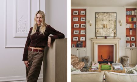 two shots next to each other. On the left, Flora Slater stands looking off camera. On the right, a living room with fireplace