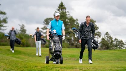 Four golfers playing golf