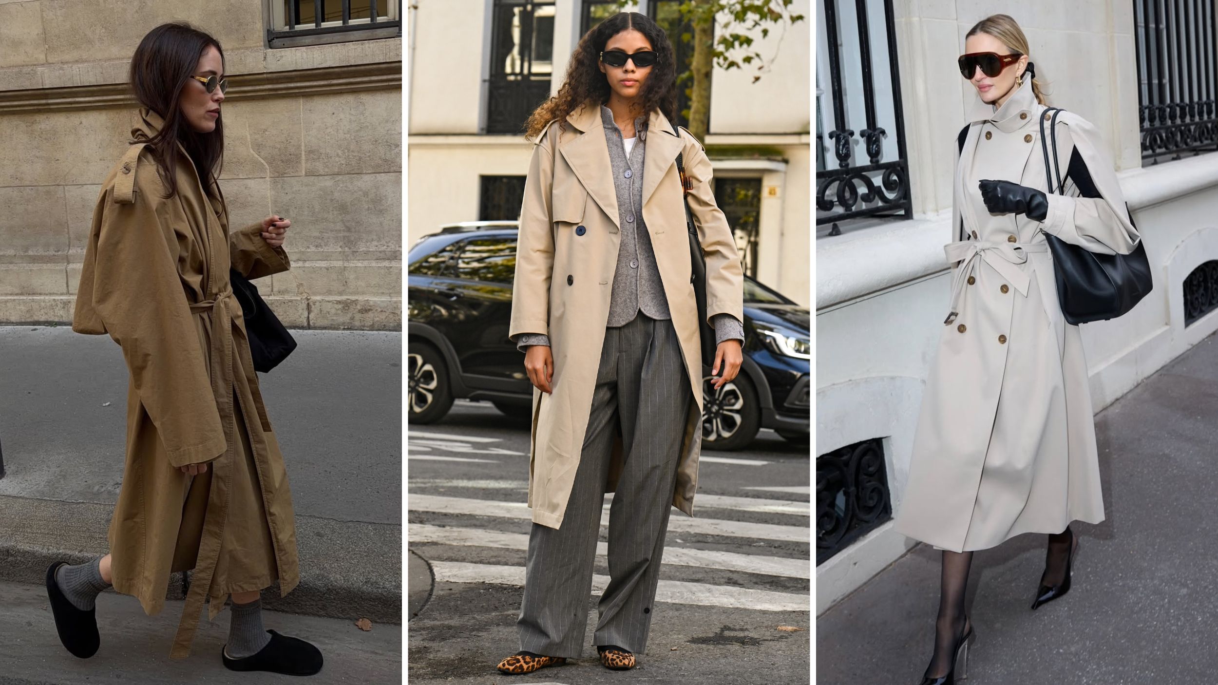 a collage of stylish women wearing trench coats