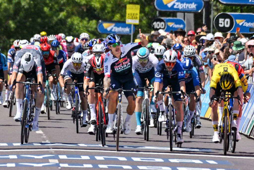 Red Bull-Bora-Hansgrohe&#039;s Australian rider Sam Welsford reacts after winning stage one of the Tour Down Under cycling race in Adelaide on January 21, 2025. (Photo by Brenton Edwards / AFP) / -- IMAGE RESTRICTED TO EDITORIAL USE - STRICTLY NO COMMERCIAL USE --