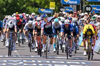 Red Bull-Bora-Hansgrohe's Australian rider Sam Welsford reacts after winning stage 1 of the Tour Down Under cycling race in Adelaide on January 21, 2025. (Photo by Brenton Edwards / AFP) / -- IMAGE RESTRICTED TO EDITORIAL USE - STRICTLY NO COMMERCIAL USE --