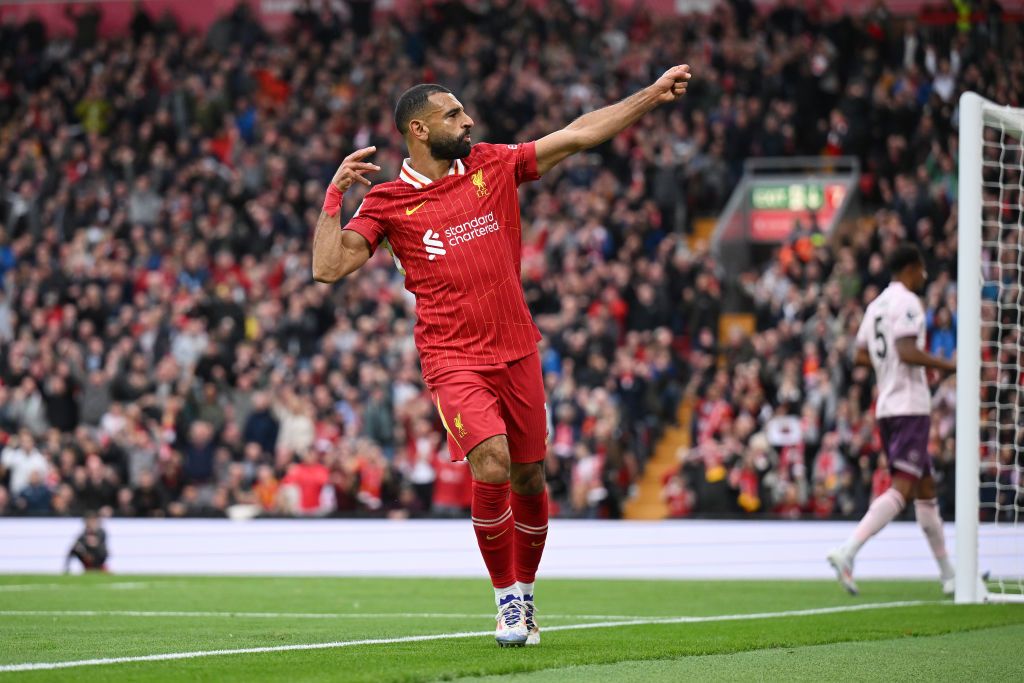 LIVERPOOL, ENGLAND - AUGUST 25: Mohamed Salah of Liverpool celebrates scoring his team&#039;s second goal during the Premier League match between Liverpool FC and Brentford FC at Anfield on August 25, 2024 in Liverpool, England. (Photo by Michael Regan/Getty Images)