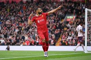 LIVERPOOL, ENGLAND - AUGUST 25: Mohamed Salah of Liverpool celebrates scoring his team's second goal during the Premier League match between Liverpool FC and Brentford FC at Anfield on August 25, 2024 in Liverpool, England. (Photo by Michael Regan/Getty Images)