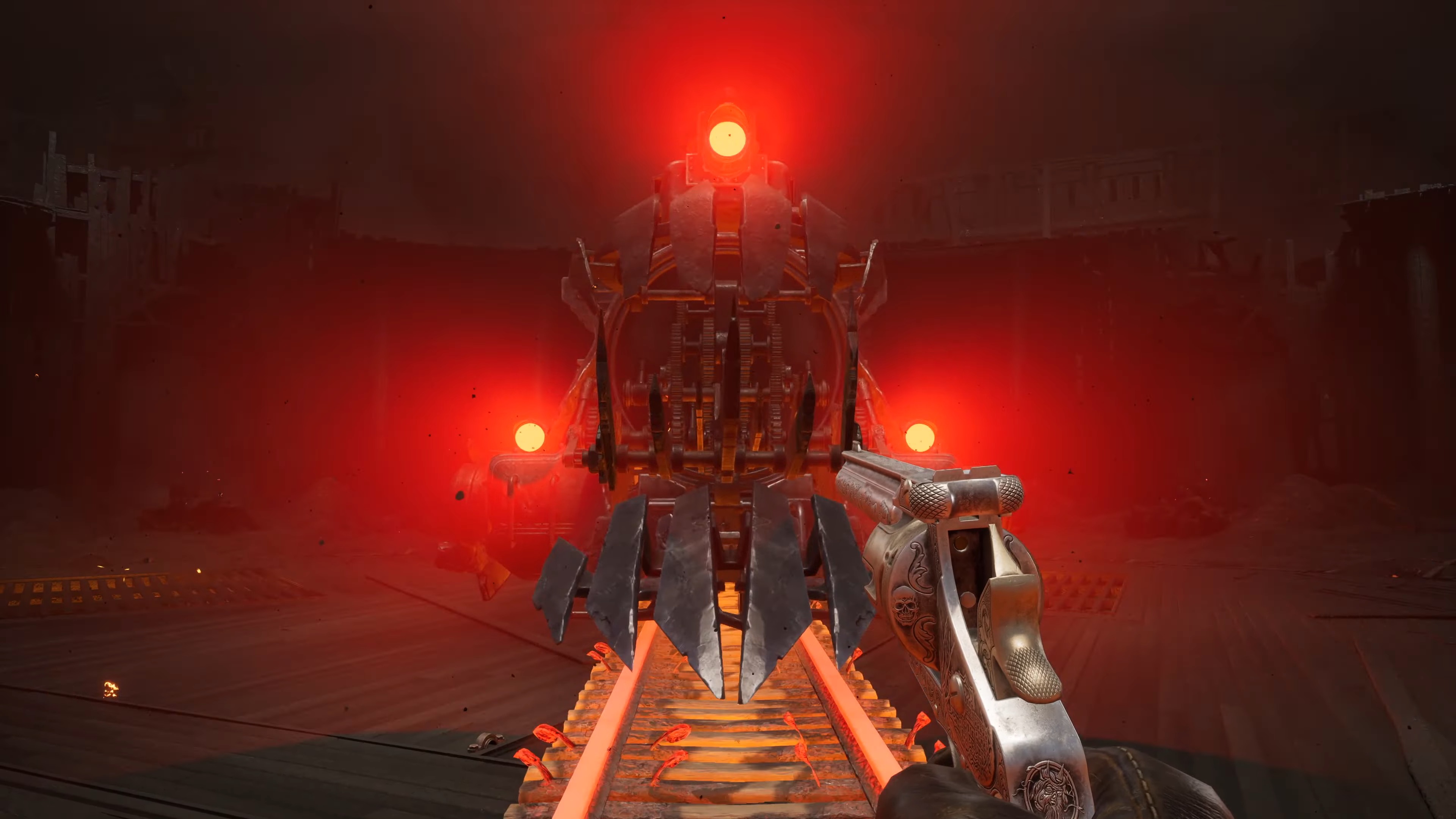 A menacing machine with glowing red lights approaches on train tracks, viewed from a first-person perspective with a detailed revolver in hand. The scene is dark and intense.