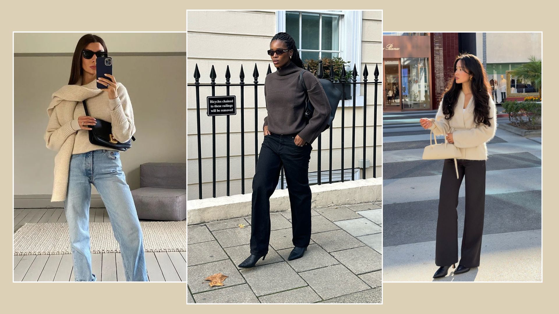 Woman wears scarf jumper and blue jeans; woman wears funnel-neck jumper and black jeans; woman wears brushed cardigan and black trousers