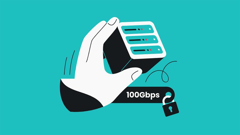 Blue Surfshark graphic showing a hand holding servers with a 100Gbps label and padlock