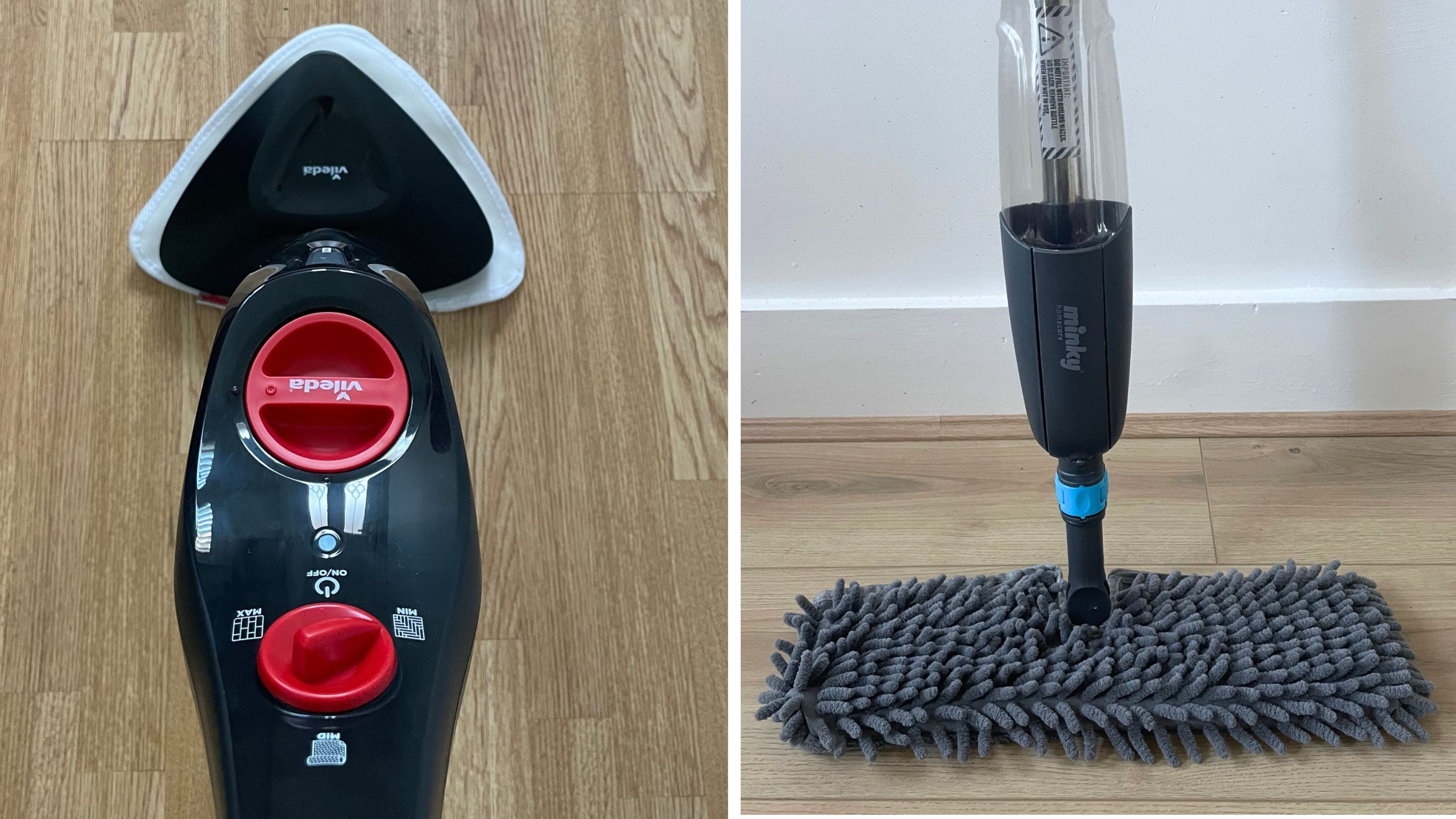 Vileda steam mop cleaning wooden floors on the left, and a grey minky spray mop standing upright on the right