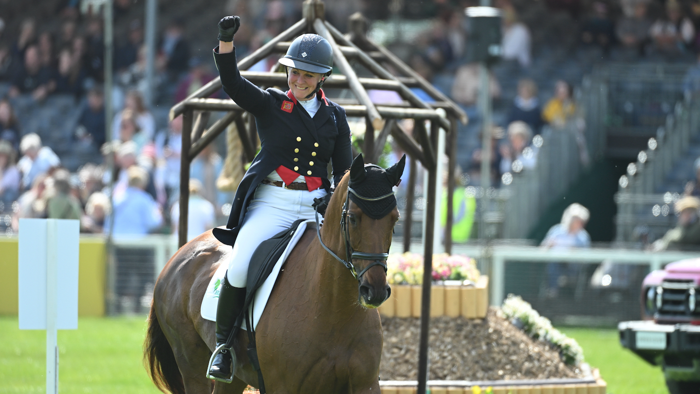 Gemma Stevens and Jalapeno, pictured in the dressage at Badminton Horse Trials 2025.