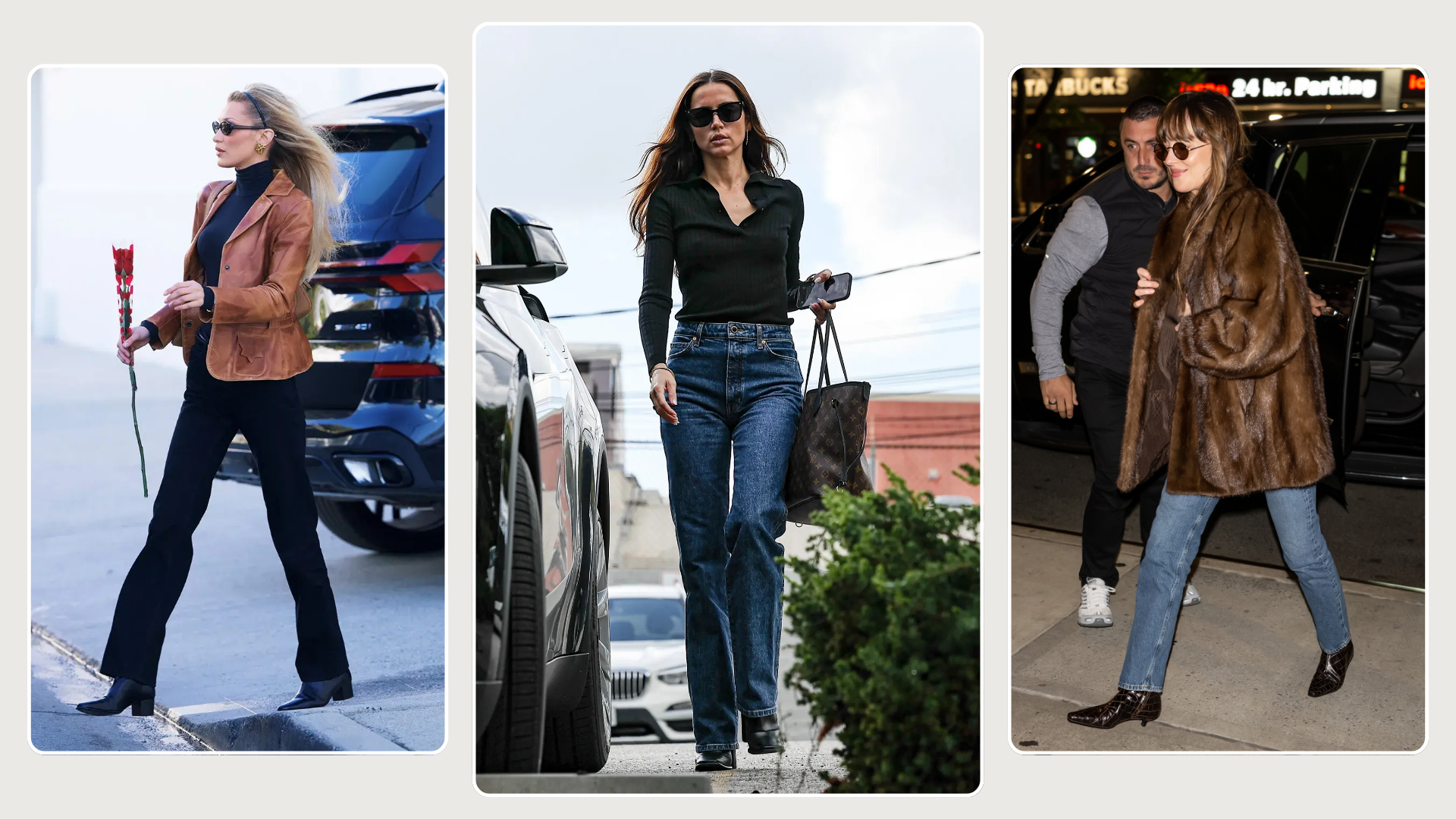 Three celebrity jeans trends of 2026. Bella hadid wears bootcut jeans, Ana De Armis wears stove pipe and Dakota Johnson wears cigarette jeans.