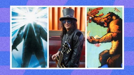 Slash of Guns n Roses next to horror movie posters