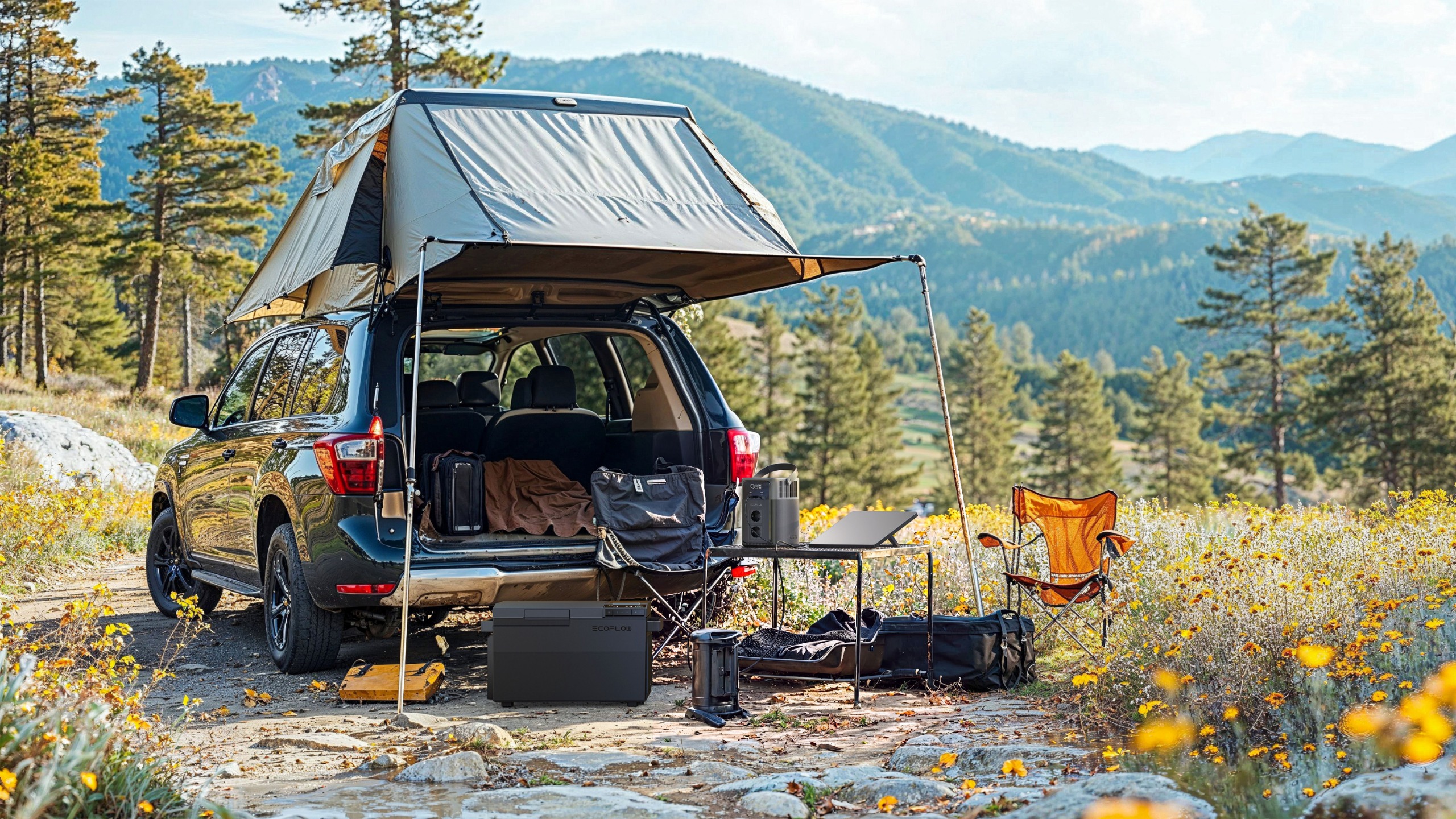 An SUV with a rooftop tent and camping set up with EcoFlow portable power stations.