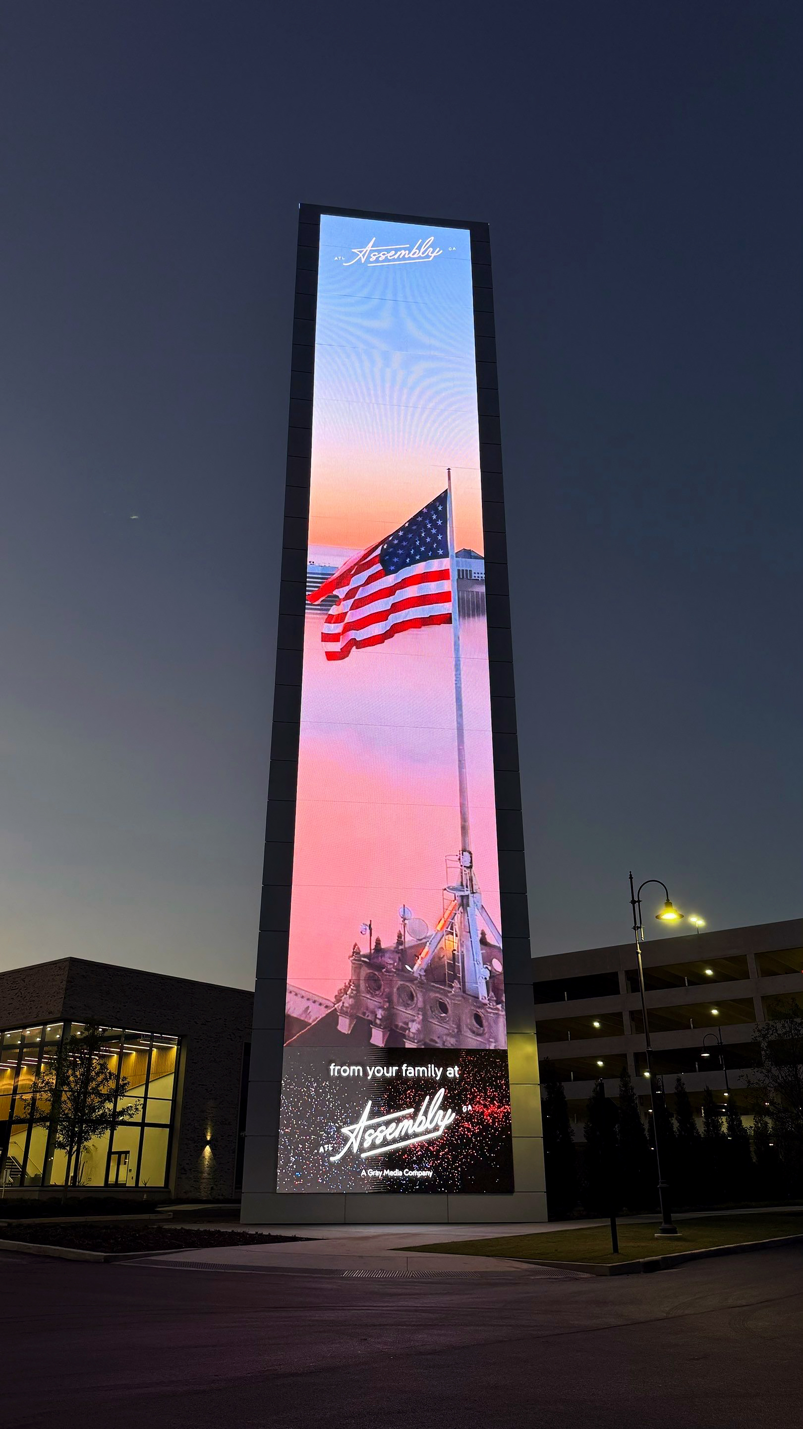 The LED media tower at Assembly Atlanta studios.