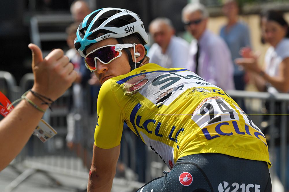 Michal Kwiatkowski (Team Sky) crashed while wearing the leader's jersey at the end of stage 2 of the Crit&eacute;rium du Dauphin&eacute;