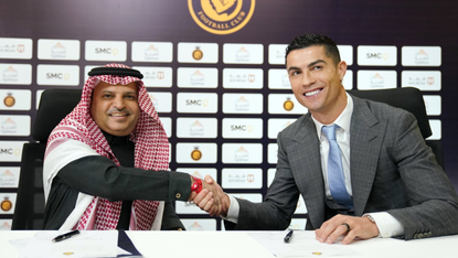 Cristiano Ronaldo shakes hands with President of Al Nassr Football Club, Musalli Al-Muammar in January