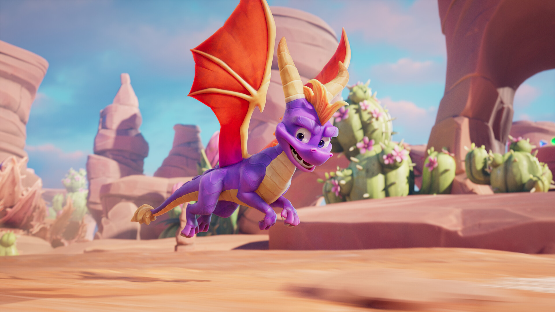 Purple dragon Spyro soaring above the ground in Spyro: Realm Beyond
