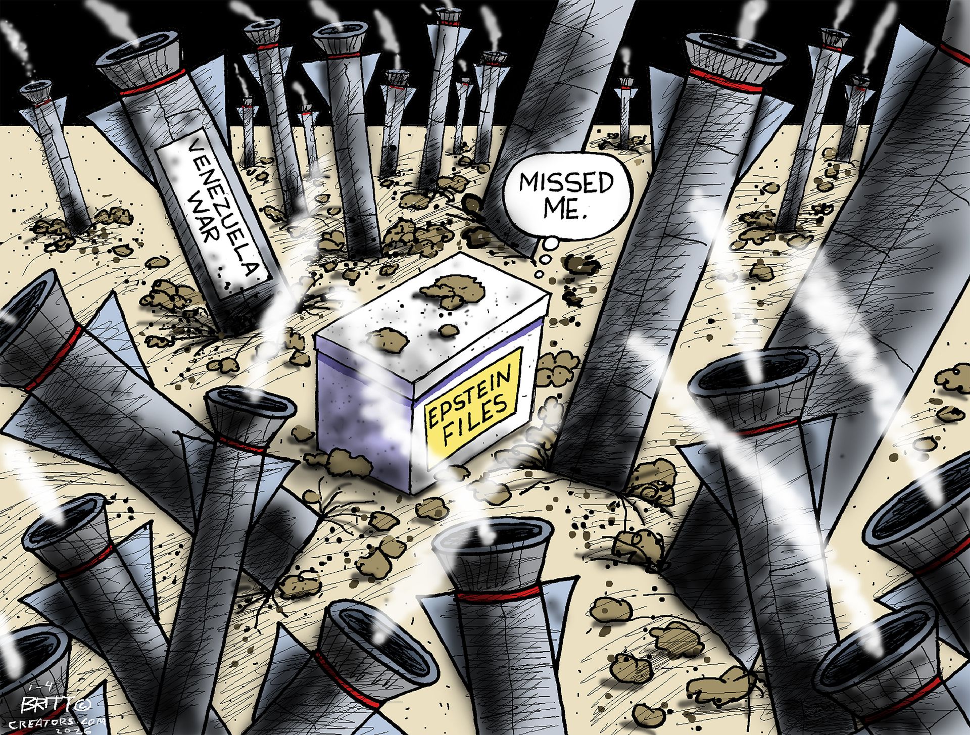 
                                This cartoon depicts a war-torn piece of land in Venezuela where dozens of missiles and bombs have landed. However, they have not hit a target in the middle. The target is a box labeled “Epstein Files.” A thought from the box says, “Missed me.”
                            