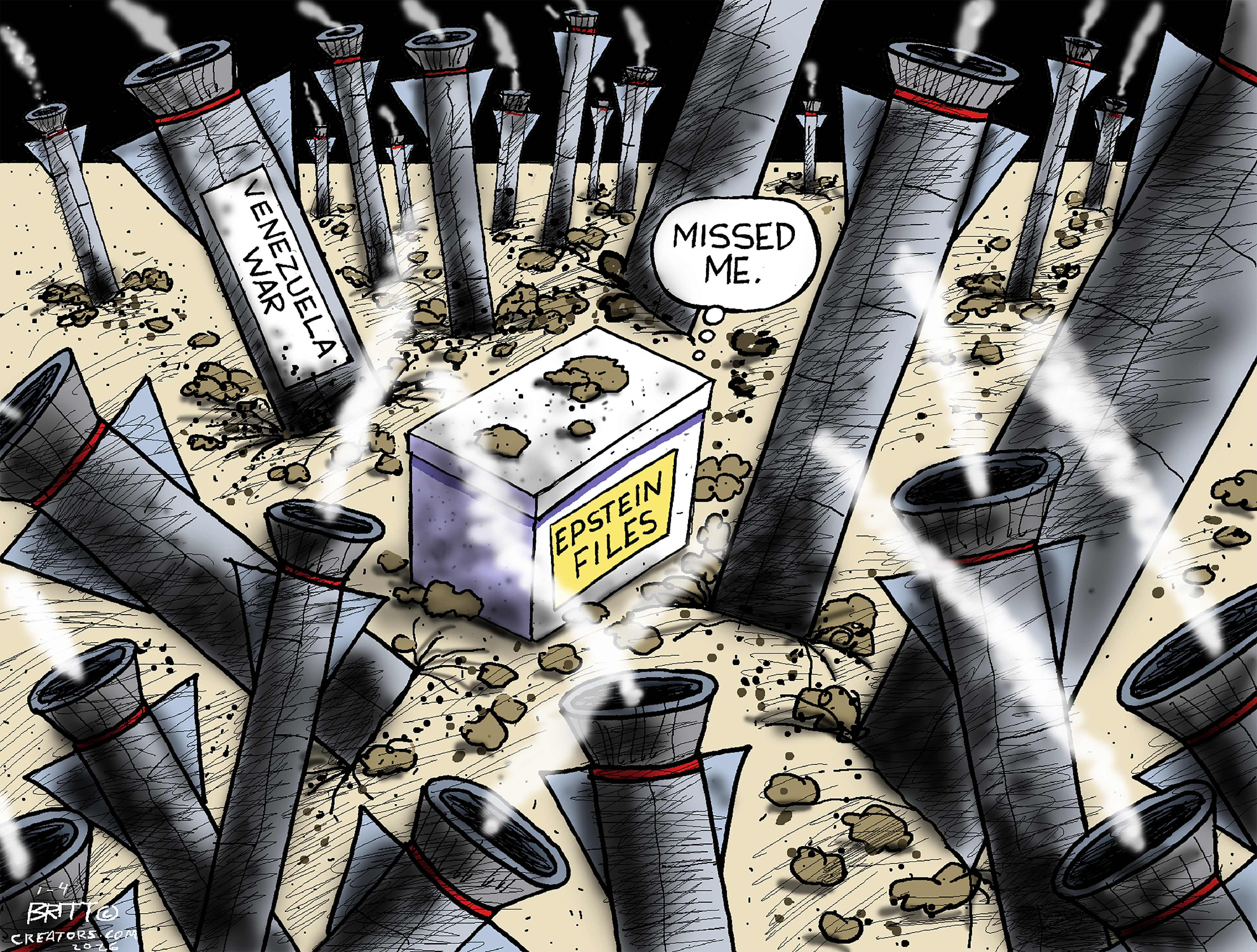 This cartoon depicts a war-torn piece of land in Venezuela where dozens of missiles and bombs have landed. However, they have not hit a target in the middle. The target is a box labeled &amp;ldquo;Epstein Files.&amp;rdquo; A thought from the box says, &amp;ldquo;Missed me.&amp;rdquo;