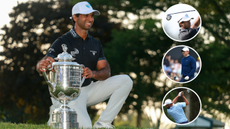 Aaron Rai poses with the Wanamker Trophy, with Rai, Rory McIlroy and Scottie Scheffler hitting fairway woods in circles