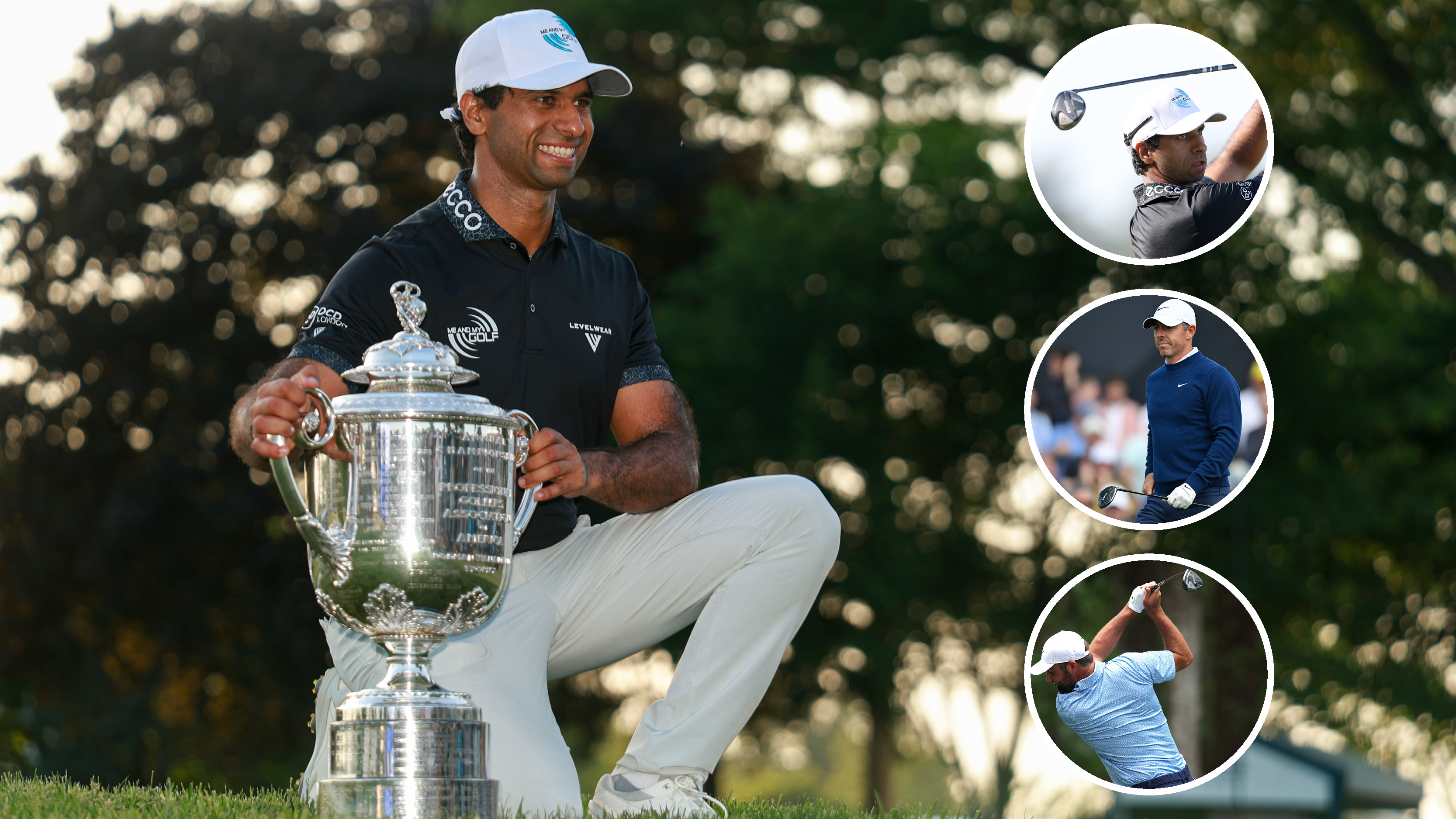 Aaron Rai poses with the Wanamker Trophy, with Rai, Rory McIlroy and Scottie Scheffler hitting fairway woods in circles