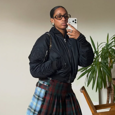 woman wearing plaid maxi skirt outfit 2025