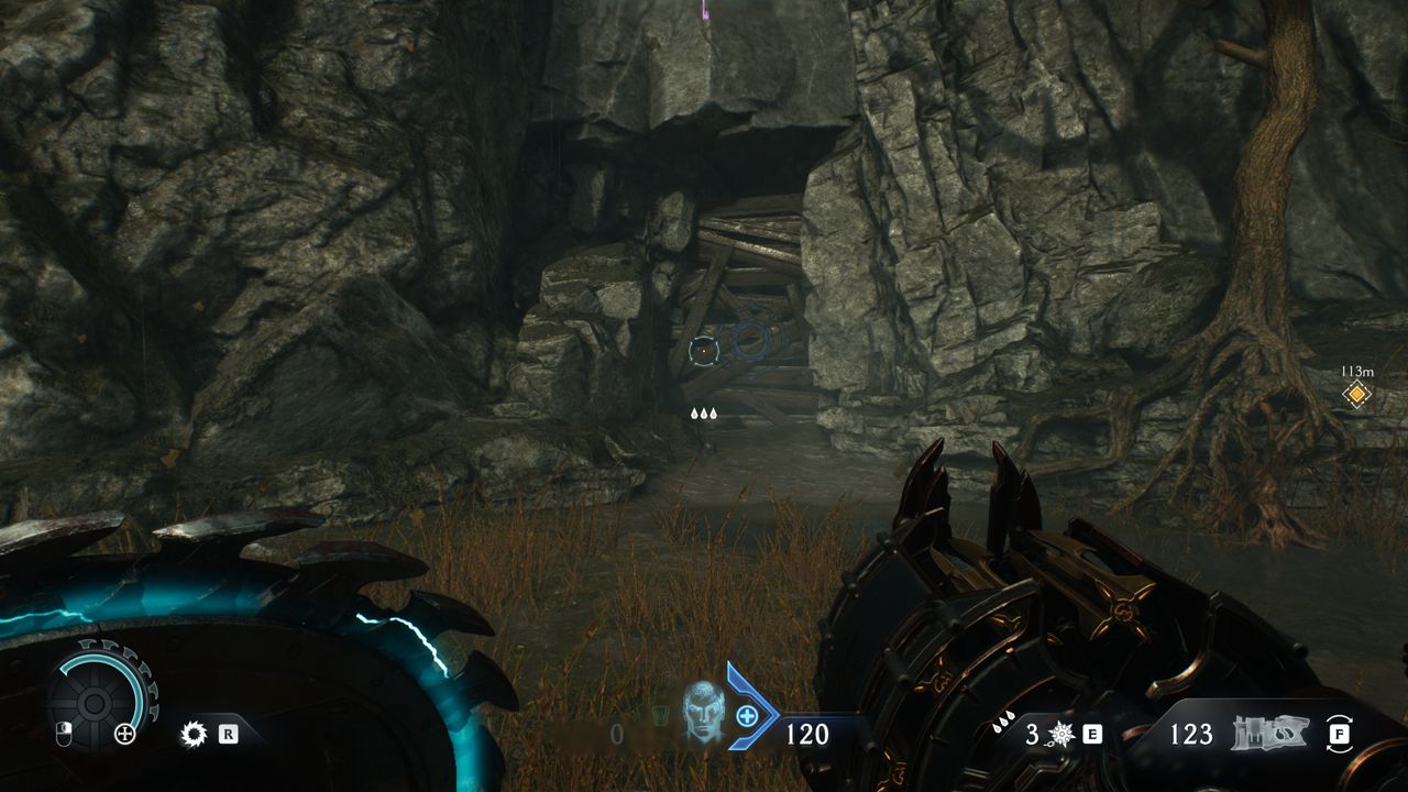 Doom: The Dark Ages Siege Part 1 secrets - A wooden barricade hidden in a cliff face.