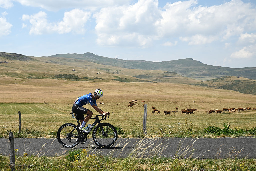 LE LIORAN, FRANCE - JULY 14: Javier Romo of Spain and Team Movistar competes in the breakaway during the 113th Tour de France 2026, Stage 10 a 166.6km stage from Aurillac to Le Lioran 1240m / #UCIWT / on July 14, 2026 in Le Lioran, France. (Photo by Dario Belingheri/Getty Images)